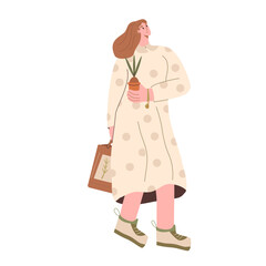 Woman with plant and gardening purchases isolated on white background. Horticulture gardener hobby character. Vector illustration.