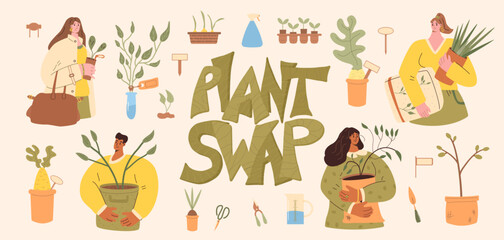 Plant swap. People exchange houseplant and gardening together set. Eco friendly lifestyle party. Event of potted flowers market. Vector illustration.