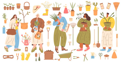 People with plants and gardening tools isolated on white background. Ecology lifestyle party. Horticulture gardener hobby. Flowers and garden market set. Vector illustration.