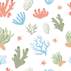 Fototapeta premium Coral reef seamless pattern. Sea underwater elements endless background. Vector flat illustration