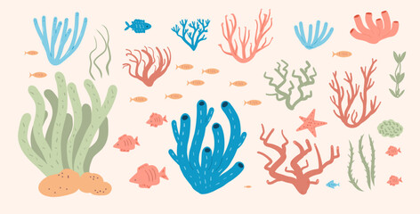 Coral reef set isolated on white background. Sea underwater elements. Vector flat illustration