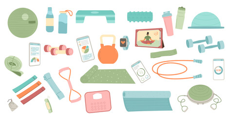 Fitness home workout equipment isolated on white background. Resistant band, half ball balance and other exercise fitness tools. Vector flat illustration