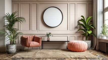 Elegant interior setup with decorative plants and modern furniture - obrazy, fototapety, plakaty