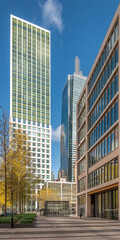 A city street with a tall building in the background. The sky is clear and blue. There are trees on the sidewalk and a bench