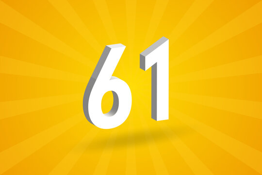 3D 61 number font alphabet. White 3D Number 61 with yellow background