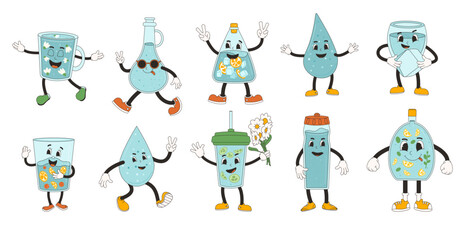 Bottle and glass of water retro cartoon mascots set. Drink rubber hose animation style groovy characters. Beverage cute anthropomorphic. Ecologic and wellness vector flat illustration