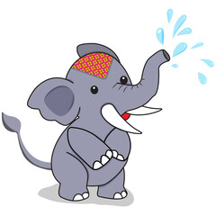A little elephant is using a water gun. Playing in the water on Songkran Day