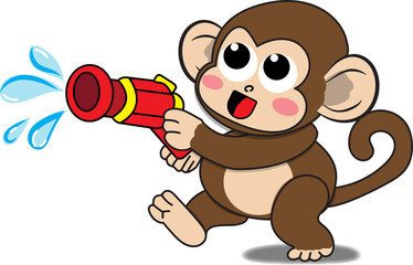 A little monkey is using a water gun. Playing in the water on Songkran Day