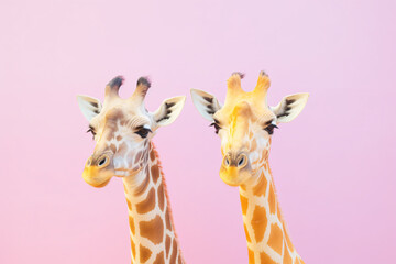 two giraffes looking at the camera - obrazy, fototapety, plakaty
