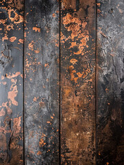 A wooden surface with a lot of rust and paint splatters. The wood appears to be old and worn, giving the impression of a vintage or antique piece. The rust and paint add to the aged look