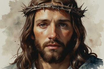 Watercolor illustration of Jesus Christ with a crown of thorns
