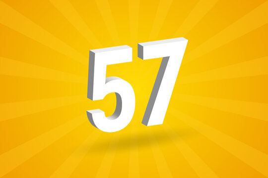 3D 57 number font alphabet. White 3D Number 57 with yellow background