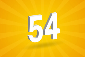 3D 54 number font alphabet. White 3D Number 54 with yellow background