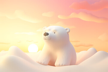 Cute polar bear, golden hour, pink sky, soft squishy snow environment