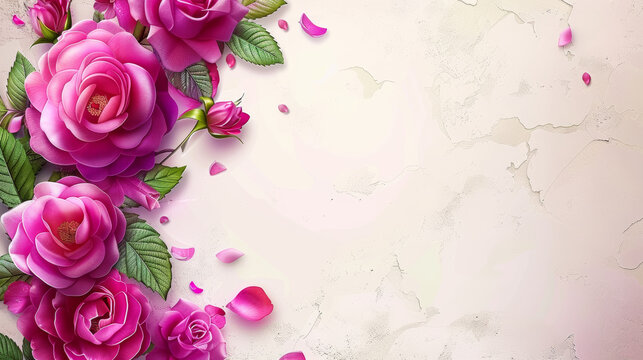 A pink rose bouquet with pink petals and green leaves. The roses are arranged in a way that they are overlapping each other, creating a sense of depth and dimension. The background is a white wall