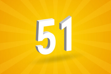 3D 51 number font alphabet. White 3D Number 51 with yellow background - obrazy, fototapety, plakaty