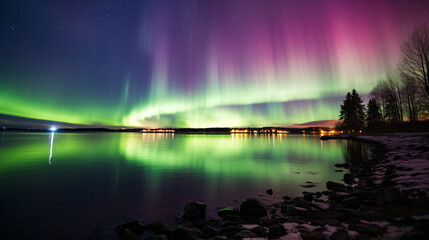 a green and purple lights in the sky over water