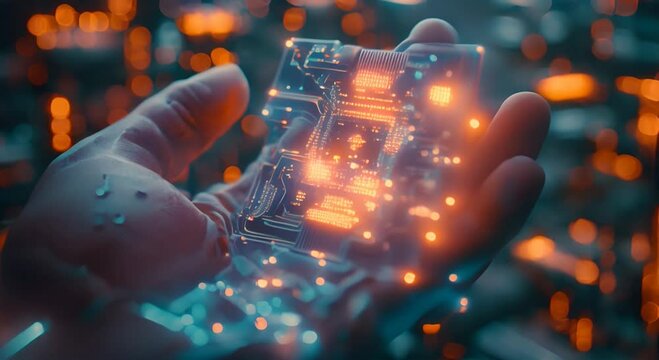 A human hand is holding a transparent electronic chip, a mechanical network, wave tracing, neo-academism, intel core, unreal engine, interactive