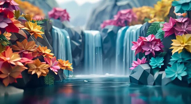 a beautiful background including a waterfall, rainbow, orient, one color, made in origami