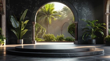 Sleek Jet Black Podium on Luxurious Dubai Penthouse Setting for Designer Spaces - obrazy, fototapety, plakaty