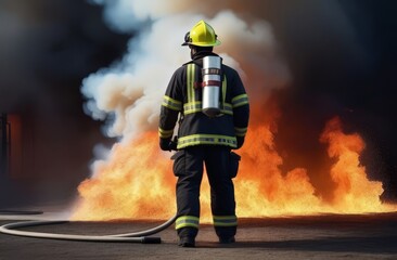 Male firefighter against the background of a large fire, rear view