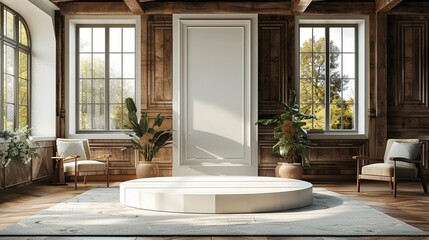 Elegant Pearl White Podium Displayed Against Charming English Cottage Interior for Stylish Leather Goods Showcase - obrazy, fototapety, plakaty