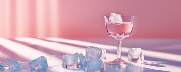 Elegant glass with a pink drink and ice cubes on a table
