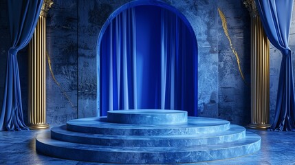 Elegant Royal Blue Podium on Sophisticated Swedish Designer Studio Background, Perfect for Showcasing Luxury Camping Gear - obrazy, fototapety, plakaty