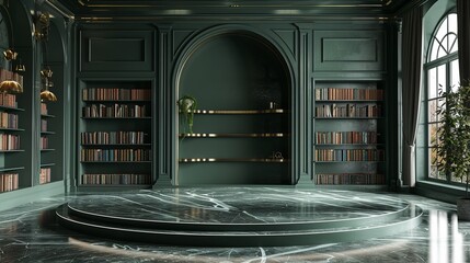 Luxury Olive Green Podium in Modern Gothic Library - Yacht Interior Design Element - obrazy, fototapety, plakaty
