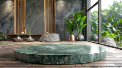 Elegant Natural Green Slate Podium on Traditional Japanese Tatami Flooring for Gourmet Chocolate Tastings Event