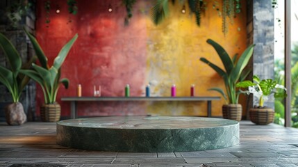 Elegant Green Slate Podium Presentation against Japanese Tatami Room Backdrop - Perfect for Gourmet Chocolate Events