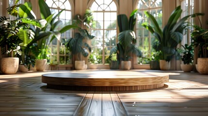 Elegant Bamboo Podium Against Victorian Conservatory Backdrop, Perfect for Showcasing Luxurious Watch Designs - obrazy, fototapety, plakaty