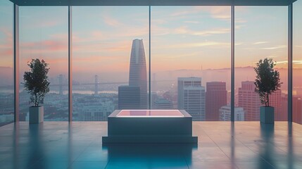 Elegant Crystal Clear Podium against Urban Penthouse Backdrop, Perfect for Luxury Travel Concepts - obrazy, fototapety, plakaty