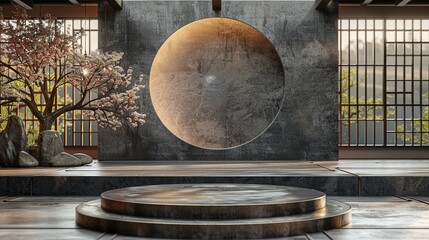Sleek Iron Podium Against Zen Meditation Space, Perfect for Exotic Car Reveals - obrazy, fototapety, plakaty
