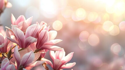 Fototapeta premium cherry blossoms macro view with vibrant pink flowers and springtime nature background in sunlight 