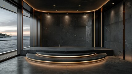 Luxurious Black Velvet Podium with Turkish Hamam Backdrop for Spa Concept - obrazy, fototapety, plakaty