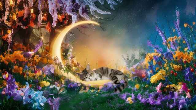 A cat sleeping on the moon in a flower field　Generative AI