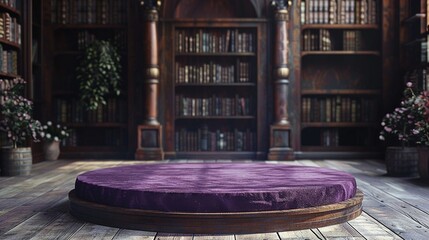 Elegant Purple Velvet Podium on English Library Background, Perfect for Handmade Jewelry Ads - obrazy, fototapety, plakaty