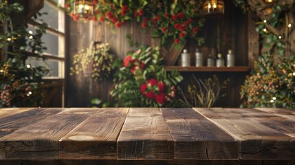 Fototapeta na wymiar Rustic Reclaimed Wood Podium in Gourmet Kitchen Setting for Culinary Presentations