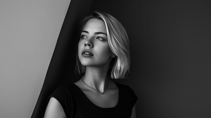 Fototapeta premium Picture an elegant blonde in 8K resolution, standing gracefully against a geometric black and white background.