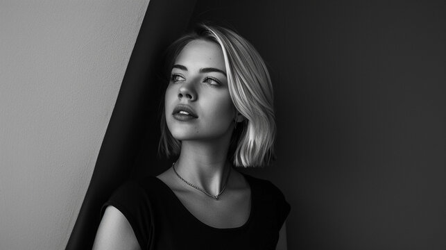 Picture an elegant blonde in 8K resolution, standing gracefully against a geometric black and white background.