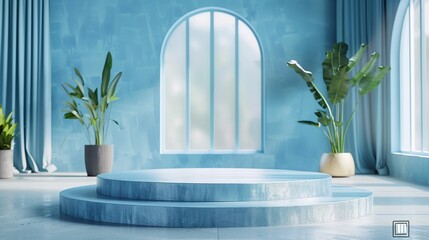 Elegant Snow White Podium Display for Outdoor Gear Exhibits Against Underwater Themed Backdrop - obrazy, fototapety, plakaty