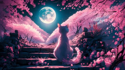 cat, moon and cherry blossoms　Generative AI