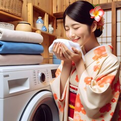 Happy Japanese kimono lady smelling clean linen with washing machine in bright wooden room - obrazy, fototapety, plakaty