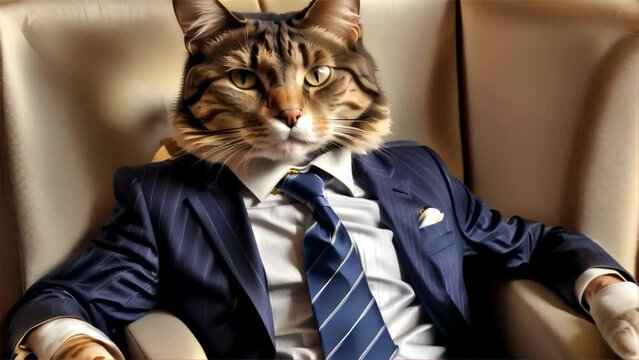 A humorous image featuring a digitally altered photo of a cat dressed in a sophisticated blue business suit, sitting on a chair, exuding confidence.