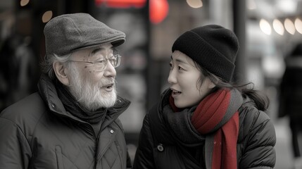 Two adults in winter attire deeply engaged in conversation on a city sidewalk, surrounded by warm evening lights.