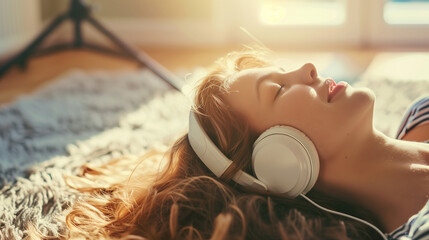 Young woman relaxing with headphones, sunlit room