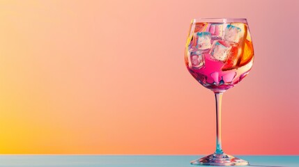 Colorful cocktail in a wine glass against a sunset backdrop
