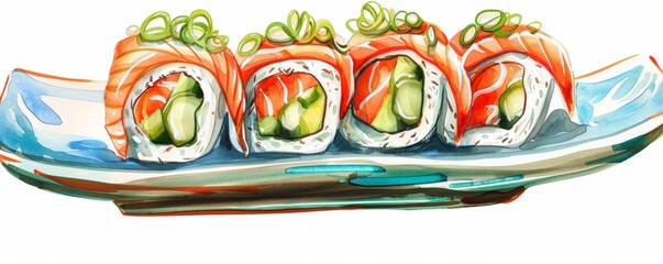 Colorful illustration of sushi rolls on a plate