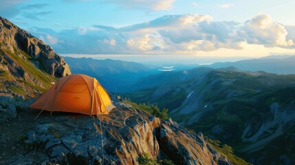 A tent pitched on a rocky ledge overlooking a valley, with a breathtaking view of the landscape below.  - obrazy, fototapety, plakaty